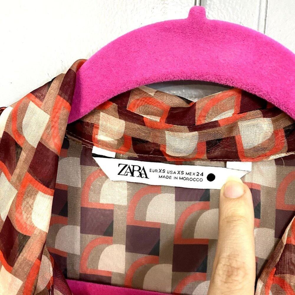 Zara Red Geometric Mod Print Button-Down Sheer Co… - image 4